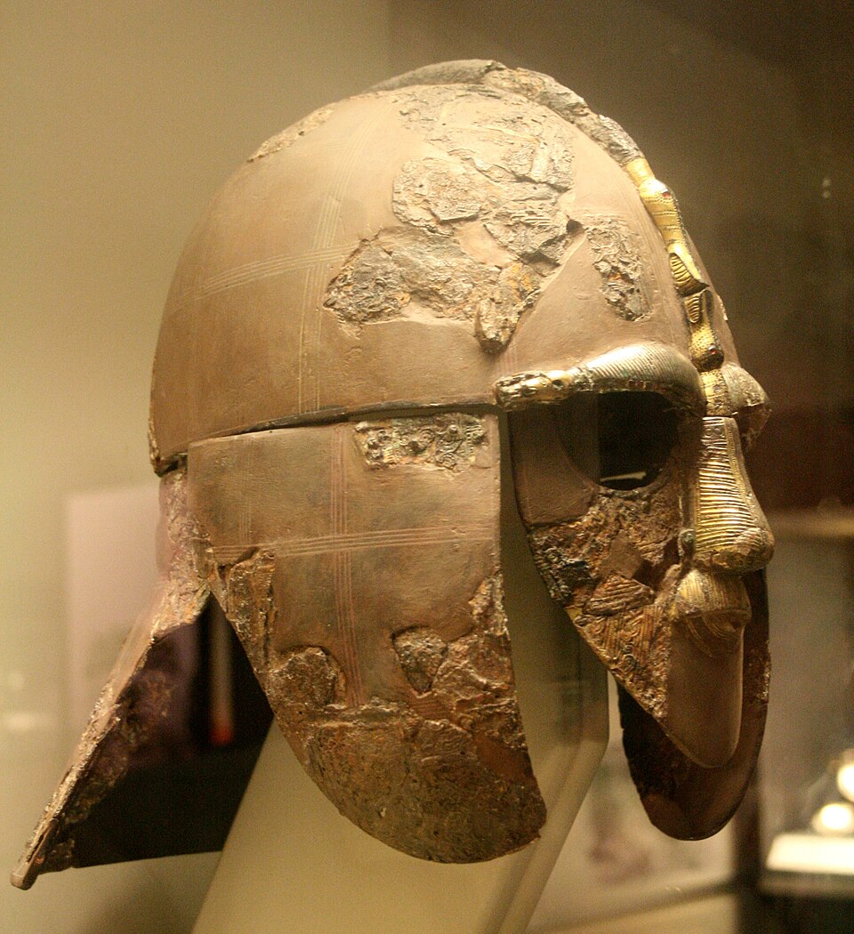 The original Sutton Hoo helmet, an Anglo-Saxon iron and tinned-bronze helmet excavated at Sutton Hoo