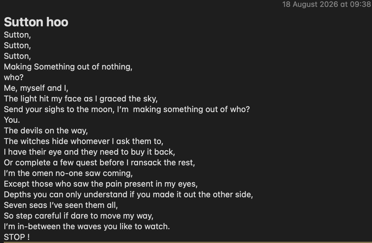 Handwritten note screenshot of the poem Sutton hoo